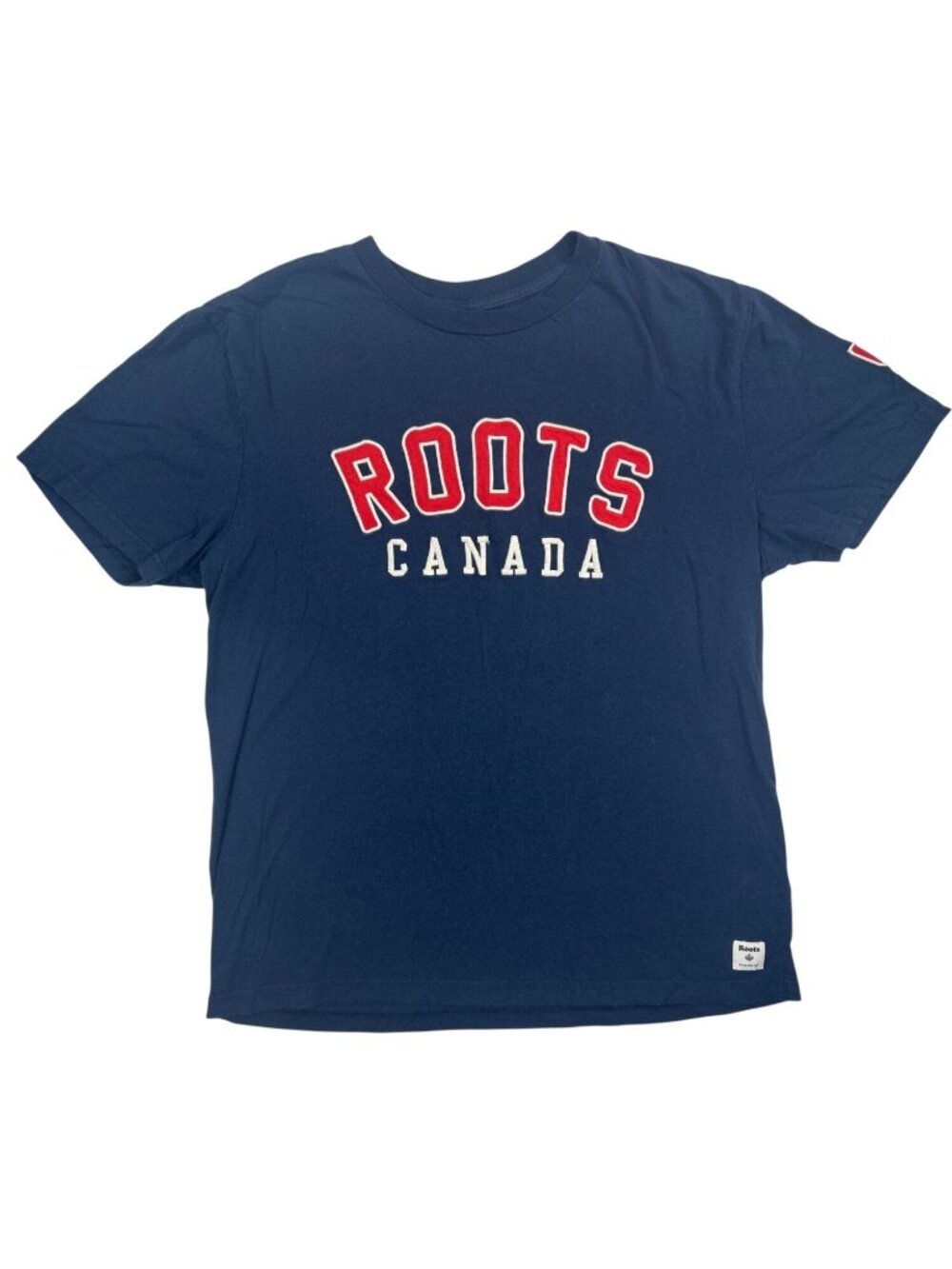 Roots Canada Sz XL Navy Blue Graphic T-Shirt Crewneck Embroidered Logo Normcore